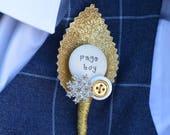 Page Boy / Best Little Man Personalised Wedding Buttonhole - Gold Sparkle Snowflake design for Winter or Christmas Wedding