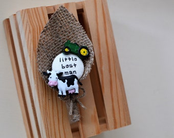 Page Boy /  Best Little Man Buttonhole Boutonniere Wedding Keepsake Standing Cow and Tractor