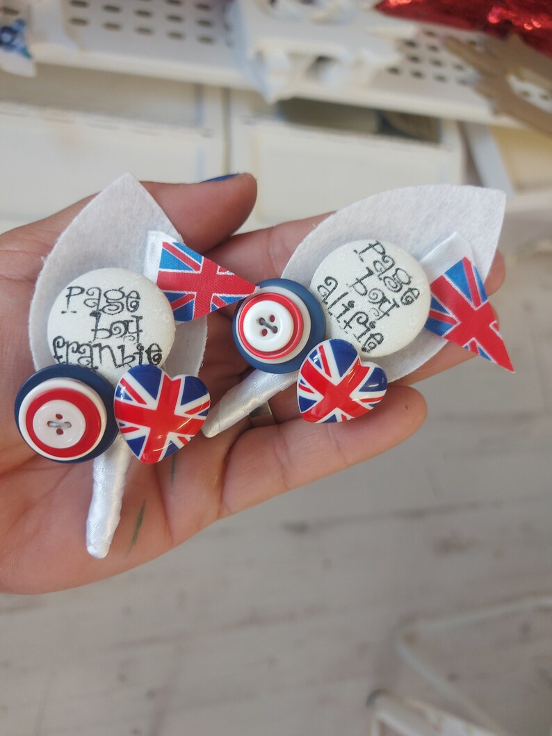 Page Boy / Best Little Man Personalised Wedding Buttonhole Rule Britannia London UK British Union Jack Flag Design image 1