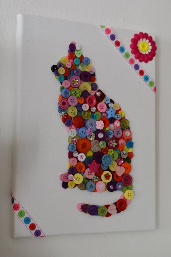 DIY Kids Children's Adult Craft Kit Cat Button Art Canvas decorate with Buttons & Embellishments Gift