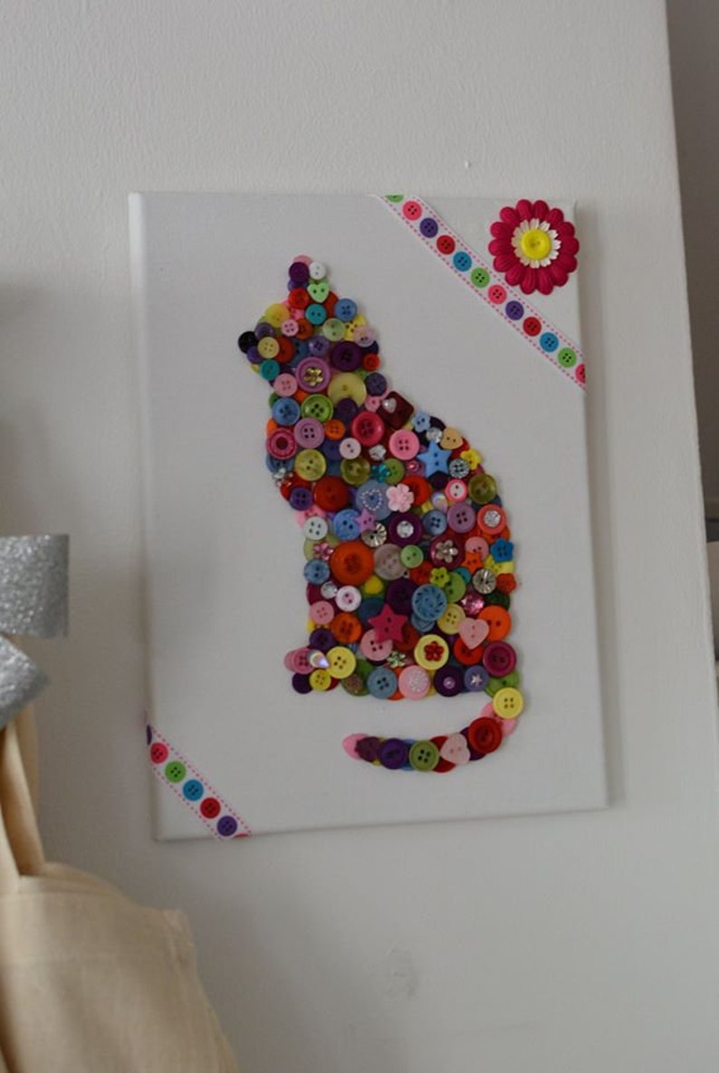 DIY Kids Children's Adult Craft Kit Cat Button Art Canvas decorate with Buttons & Embellishments Gift image 4