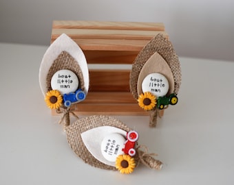 Page Boy / Best Little Man Personalised Wedding Buttonhole - Sunflower and Tractor rustic Wedding Boutonniere