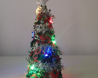 DIY  Cute Light Up Button Christmas Tree Craft Kit with tinsel and lights - decorate with Buttons perfect Gift