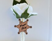 Best Little Man or Page Boy Wooden Sheriff Badge with Real Touch Rose Flower Wedding Keepsake Buttonhole Boutonniere