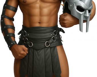 Set van echt zwart lederen Romeinse gladiatorkilt voor heren voor LARP- en kostuumkleding
