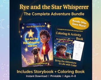 May include: A complete adventure bundle featuring a storybook and coloring book titled "Rye and the Star Whisperer." The cover art shows a boy, a pug, and a starry background. The coloring book offers a magical adventure for young artists, ages 4-8.