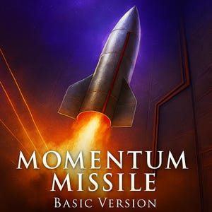 Puede incluir: Ilustración digital de un cohete despegando, con llamas y humo. El texto "MOMENTUM MISSILE BASIC VERSION" se muestra en fuente blanca sobre un fondo morado oscuro y naranja.