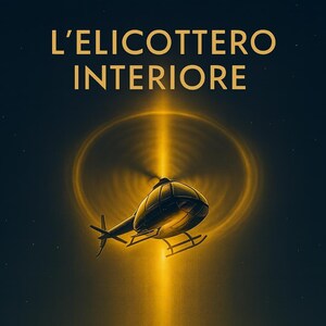 Può includere: Illustrazione di un elicottero con una luce gialla brillante, su uno sfondo blu scuro con stelle. Il testo "L'ELICOTTERO INTERIORE" è visualizzato in oro.