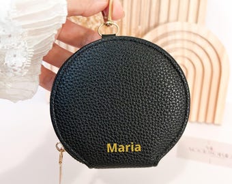 Personalized Faux Leather Round Coin Purse | Custom Name Mini Zip Wallet