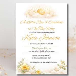 May include: Baby shower invitation with a watercolor design. The invitation features a smiling sun, clouds, and floral accents. Text includes "A Little Ray of Sunshine is On The Way" and details for Katie Johnson's baby shower.