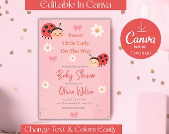 Ladybug Baby Shower Invitation for Girl | Sweet Little Lady Theme | Editable Canva Template | Pink Baby Shower Digital Download