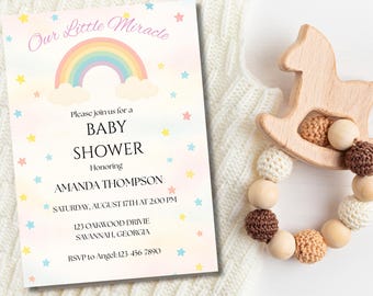 Editable Rainbow Baby Shower Invitation | Our Little Miracle Theme | Instant Download