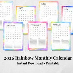May include: A collection of rainbow-themed 2026 monthly calendars. Each calendar features a different month, with a colorful border and a space for notes. The text "2026 Rainbow Monthly Calendar Instant Download • Printable" is displayed at the bottom.