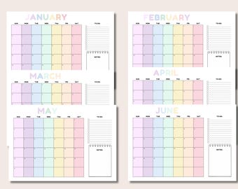 Afdrukbare pastelkleurige maandkalender 2026| Minimale wand- en bureaukalenderformaten (11,69 x 8,26) en (6 x 4) | Maandplanner met taken en notities