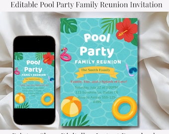 Editable Pool Party Family Reunion Invitation Template | Summer BBQ Gathering | Instant Download Digital Invite