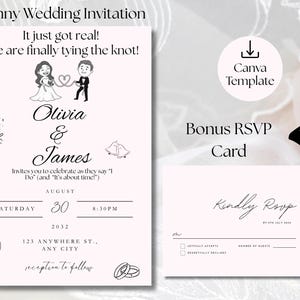 May include: A light pink wedding invitation with the text "Funny Wedding Invitation" and "It just got real! We are finally tying the knot!". The invitation includes the names "Olivia & James", date, time, and RSVP card.
