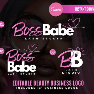 May include: A pink and white logo design for a lash studio, featuring the text "Boss Babe Lash Studio" in a script font. The image includes three logo variations, with a heart graphic and the words "Editable Beauty Business Logo".