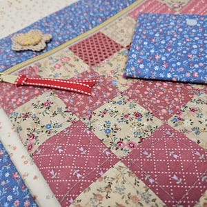 Vintage spring cross stitch project bag, scrappy, patchwork, zippered bag, lined, quilted, custom curated fabrics