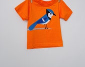 Girls Blue Jay Shirt / Orange shirt with Blue Jay Appliqué / Children's Clothing / Sweet Jane Clothing