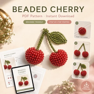 Peut inclure: Un projet d'artisanat de cerises perlées composé de deux fruits sphériques rouges, de tiges perlées vertes et d'une feuille verte. L'ensemble comprend une fiche d'instructions imprimée, une tablette numérique et trois photos étape par étape.