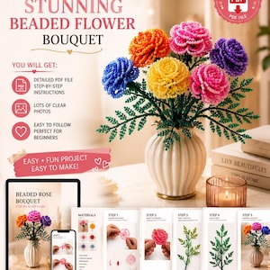 Peut inclure: Un guide PDF numérique pour créer un bouquet de fleurs en perles. L'image montre un bouquet fini de fleurs en perles orange, rose, jaune, bleu et violet avec des feuilles vertes dans un vase blanc, accompagné de pages d'instructions détaillées.