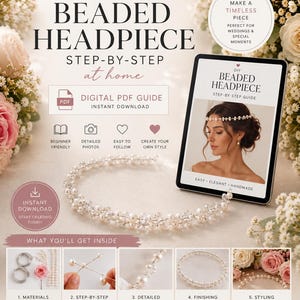 Peut inclure: Un guide PDF numérique pour créer un serre-tête perlé à la maison. L'image présente un serre-tête fini, des matériaux et des instructions étape par étape. Le texte indique "Beauté faite à la main qui dure toujours."
