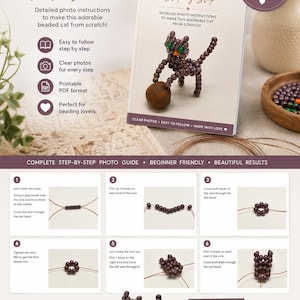 Peut inclure: Tutoriel PDF "Beaded Cat Step by Step" avec des instructions détaillées pour créer un chat perlé. L'image montre un chat perlé fini, des instructions étape par étape et le texte "Créez ce chat adorable!"