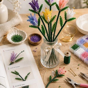 Peut inclure: Un bouquet de fleurs perlées dans un bocal en verre transparent, noué d'un ruban crème. Les fleurs sont de couleurs violettes, bleues, jaunes, roses et blanches. Des fournitures de bricolage, dont des perles, du fil et des outils, sont disposées autour.