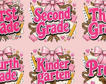 May include: A set of six digital stickers featuring pink text reading First Grade, Second Grade, Third Grade, Fourth Grade, Kindergarten, and Pre-k. Each design includes a pink bow, yellow pencils, pink erasers, and leopard print accents.