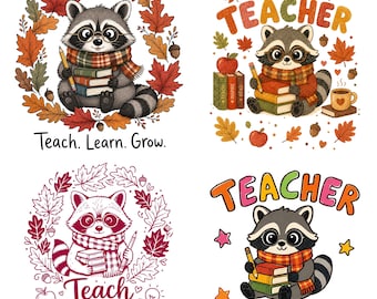 Cute Fall Teacher Raccoon PNG Bundle, Cozy Autumn Teacher Shirt Design, Teach Learn Grow PNG, Digital Download Fall Classroom Sublimation