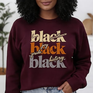 May include: A maroon sweatshirt with the words "black" and "excellence" in cream, "joy" and "pride" in orange, and "history" in gray. The word "black" is repeated three times in different colors.