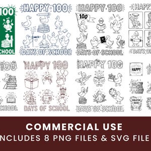 Peut inclure: Plusieurs illustrations en noir et blanc de canards célébrant "Happy 100 Days of School". Les images montrent des canards avec des livres, des crayons et des ballons. Le texte comprend "Commercial Use" et "Includes 8 PNG Files & SVG File."