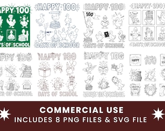 May include: A collection of black and white illustrations featuring ducks celebrating "Happy 100 Days of School." The images include ducks with books, pencils, and balloons. Text includes "Commercial Use" and "Includes 8 PNG Files & SVG File."
