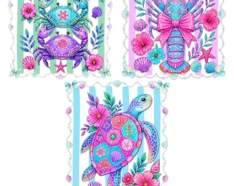 May include: Three digital illustrations featuring a stack of three crabs, a lobster with a pink bow, and a sea turtle. Each design includes vibrant pink, blue, and purple floral patterns, seashells, and striped backgrounds framed by pearl borders.
