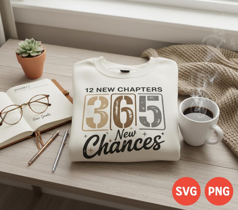 12 New Chapters 365 New Chances SVG & PNG | New Year Inspirational Quote Design | Sublimation PNG Bundle | Motivational T-Shirt, Mug, Print Clipart