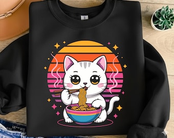 Cute Kawaii Cat Eating Ramen PNG & SVG | Retro Sunset Noodle Cat Sublimation Design | Cute Cat Digital Download for T-Shirts Mugs