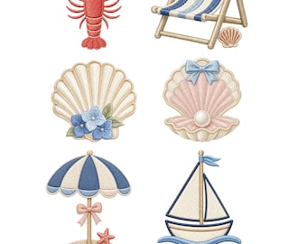 May include: A collection of six embroidered nautical designs featuring a red lobster with a blue gingham bow, a blue and white striped beach chair, a seashell with blue flowers, a pink shell with a pearl, a beach umbrella, and a sailboat.