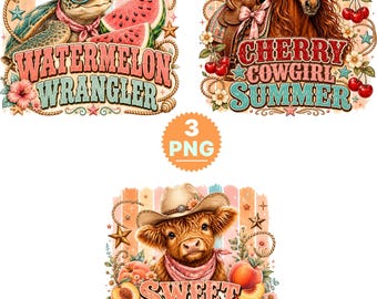 May include: Three digital graphic designs featuring a turtle in a cowboy hat with watermelon, a horse with cherries, and a highland cow with peaches. Each design includes western-themed elements like ropes, stars, and text: Watermelon Wrangler, Cherry Cowgirl Summer, and Sweet as a Peach Wild as the West.