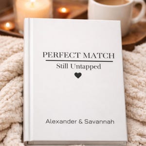 May include: A white book with the text "PERFECT MATCH" above "Still Untapped" and a heart symbol. The names "Alexander & Savannah" are printed at the bottom. The book is on a cream-colored, textured surface.