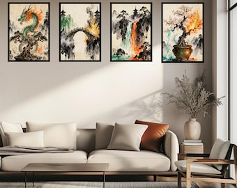 May include: Four framed art prints with Asian-inspired landscape scenes. Each print features a different image: a dragon, a bridge, a waterfall, and a bonsai tree. The artwork uses a watercolor style with vibrant colors.