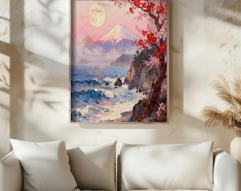 Mount Fuji Cherry Blossom Printable Wall Art, Japanese Landscape Poster, Travel Decor, Zen Wall Art, Digital Download