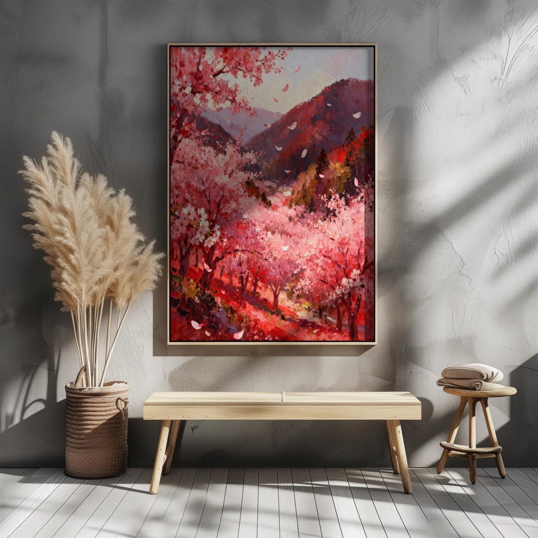 Cherry Blossom Mountain Canvas | Japanese Spring Landscape Wall Art ...