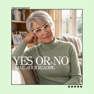 May include: A person with short grey hair wearing white-rimmed glasses and a sage green turtleneck sweater with a silver cross necklace. The text reads TAROT BY MARGOT, YES OR NO, SAME HOUR READING, and there are five black stars at the bottom.