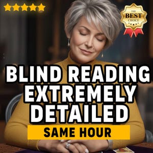 Op de afbeelding: Afbeelding van een vrouw met kort grijs haar en een gele coltrui. Tekstoverlay luidt "BLIND READING EXTREMELY DETAILED SAME HOUR." Een gouden zegel zegt "THE BEST CHOICE." Vijf gouden sterren linksboven.