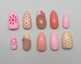 Rosa Blumen Press-On Nägel | Sommerliches Polka Dot Design | Handgemachte Gel Press Ons