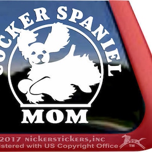 Cocker Spaniel Mom | DC242MOM | High Quality Adhesive Vinyl Jumping Cocker Spaniel (Docked Tail) Window Decal Sticker