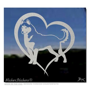 Custom Siberian Husky Heart Decal | Add Text, Choose Size & Color | Quality Adhesive Vinyl Window Decal Sticker Silver