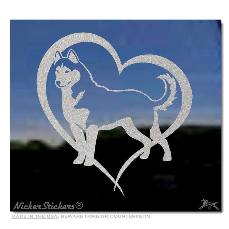 Custom Siberian Husky Heart Decal | Add Text, Choose Size & Color | Quality Adhesive Vinyl Window Decal Sticker Silver