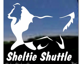 May include: White silhouette of a Sheltie dog with the text "Sheltie Shuttle" and the company name "Nicker Stickers" below. The background is a dark blue.