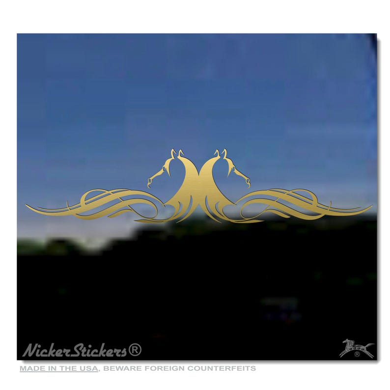 Calcomanía personalizada con cabeza de caballo y florituras / Elige tamaño, color y añade texto / Calcomanía adhesiva de vinilo de alta calidad para ventanas NickerStickers® Gold